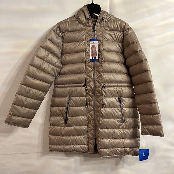 KENNETH COLE BROWN WOMENS HOODED QUILTED LINED  PUFFER JACKET SIZE LARGE *NWT* - Picture 1 of 14